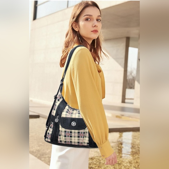 NWT! Black and Apricot Designer Angel Kiss Vegan Leather Plaid Shoulder Hobo Bag - Picture 2 of 7